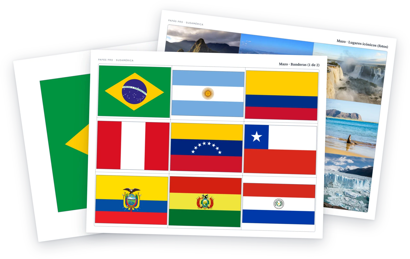 Tres hojas extendidas: una bandera a hoja completa, un mazo de nueve banderas para recortar y un mazo de fotos de lugares